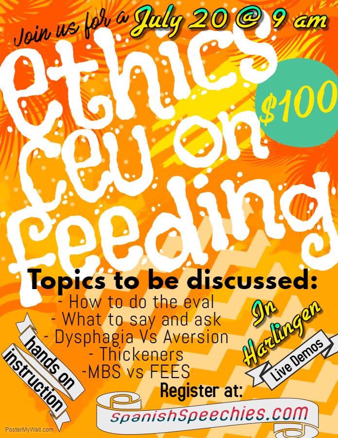 July 20th, in Harlingen, we are offering a Ethics CEU on feeding! 6.5 hours total hours. Do you need your mandated 2 hours of Ethics? Come join us for a fun and insightful time talking about all crazy things feeding entails! #SLP #RGV 
bilingual-therapy.myshopify.com
