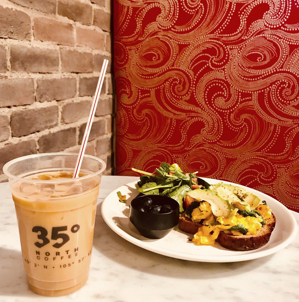 Happy Monday! We're ready to fuel your day w/ our Spinach Tartine &amp; some Cold Brew Coffee. The Best way to start your day...The Caffeine Way!
#localroasters #santafe #howtosantafe #simplysantafe #35north #findyourlatitude #thebestwaytostartyourday #spinachtarine #coldbrew