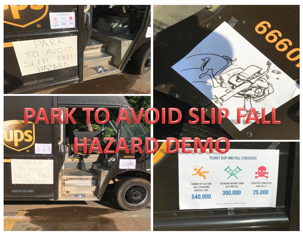 upscville's tweet photo. Demo from this morning. Always park to avoid slip fall hazard!! #slipsfalls, #MidAtlSummerSafetySeries, @MidAtlUPSers, #parktoavoidslipfallhazard, #moretocom !!! https://t.co/l69K8DaBYp