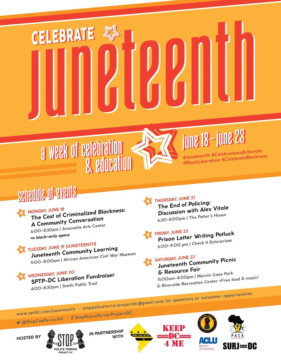 DMVBlackLives's tweet photo. TONIGHT! Our organizer @agoggans facilitates the 1st event for @StopCopTerrorDC’s #Junteenth Week of Celebration &amp; Education A workshop “The Cost of Criminalizing Blackness: A Community Conversation.” 6-8:30 PM ***BLACK ONLY SPACE*** free food &amp; childcare. As always ASL provided! https://t.co/1jBqwbQJxg