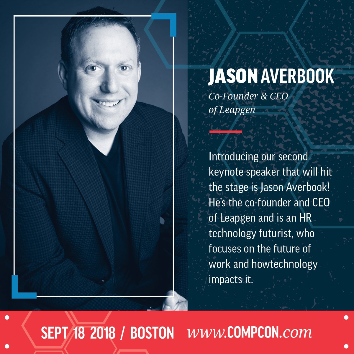 Payfactors's tweet photo. Introducing our second keynote speaker that will hit the stage @jasonaverbook! He’s the co-founder and CEO of Leapgen and is an HR technology futurist, who focuses on the future of work and how #technology impacts it. #compcon #comprevolution https://t.co/aZrHy344jG