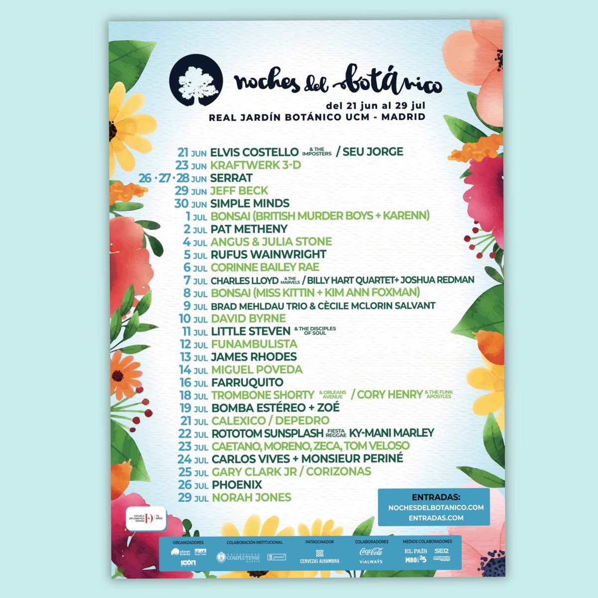 CHAROULECIA's tweet photo. el jueves 21 se inaugura #lasnochesdelbotanico que tendrán lugar desde ese día hasta el  29 de julio en el @botanicoucm El programa se inaugura con @elvis.costello y nos presentarán a nombres como @carlosvives @funambulista @miguelpoveda .....Entradas en https://t.co/S001K0kK9Z https://t.co/KPBIdRsDd2