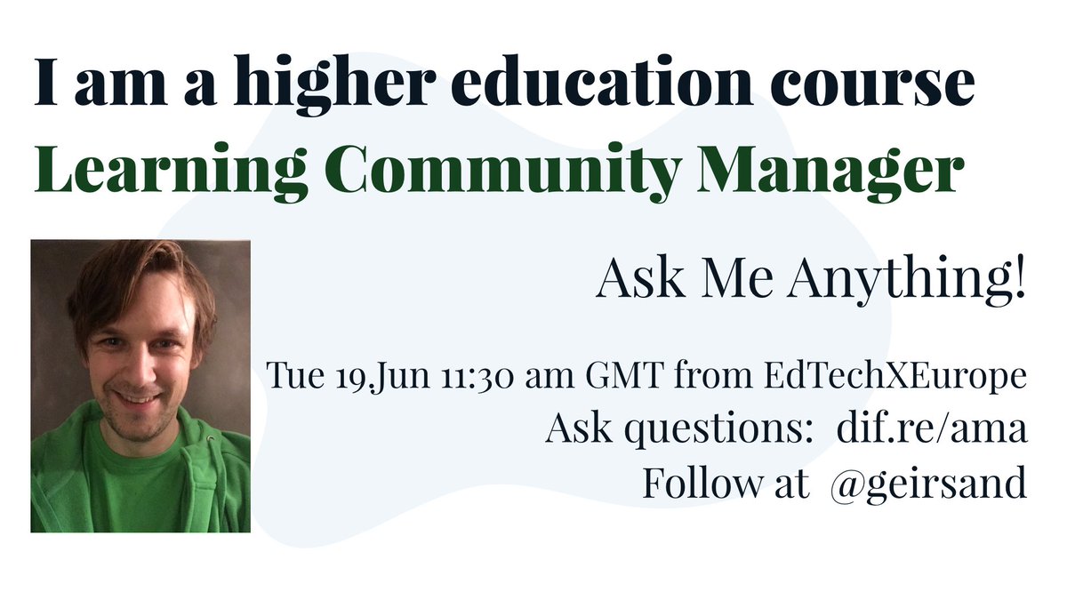 I am a Learning Community Manager in higher education courses

I build and manage online learning environments

Why? 
To help students feel safe, collaborate more, and increase the likelihood they will complete their course. 

Ask me anything 🙂

#edtechchat #EdTechWeek #edtech