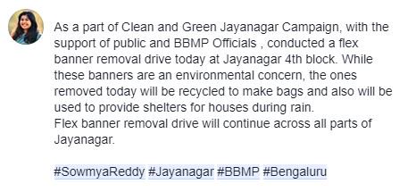 As a part of Clean and Green Jayanagar Campaign, with the support of public and BBMP Officials , conducted a flex banner removal drive today at Jayanagar 4th block. 
This drive will continue across all parts of Jayanagar.

#SowmyaReddy #Jayanagar #BBMP #Bengaluru