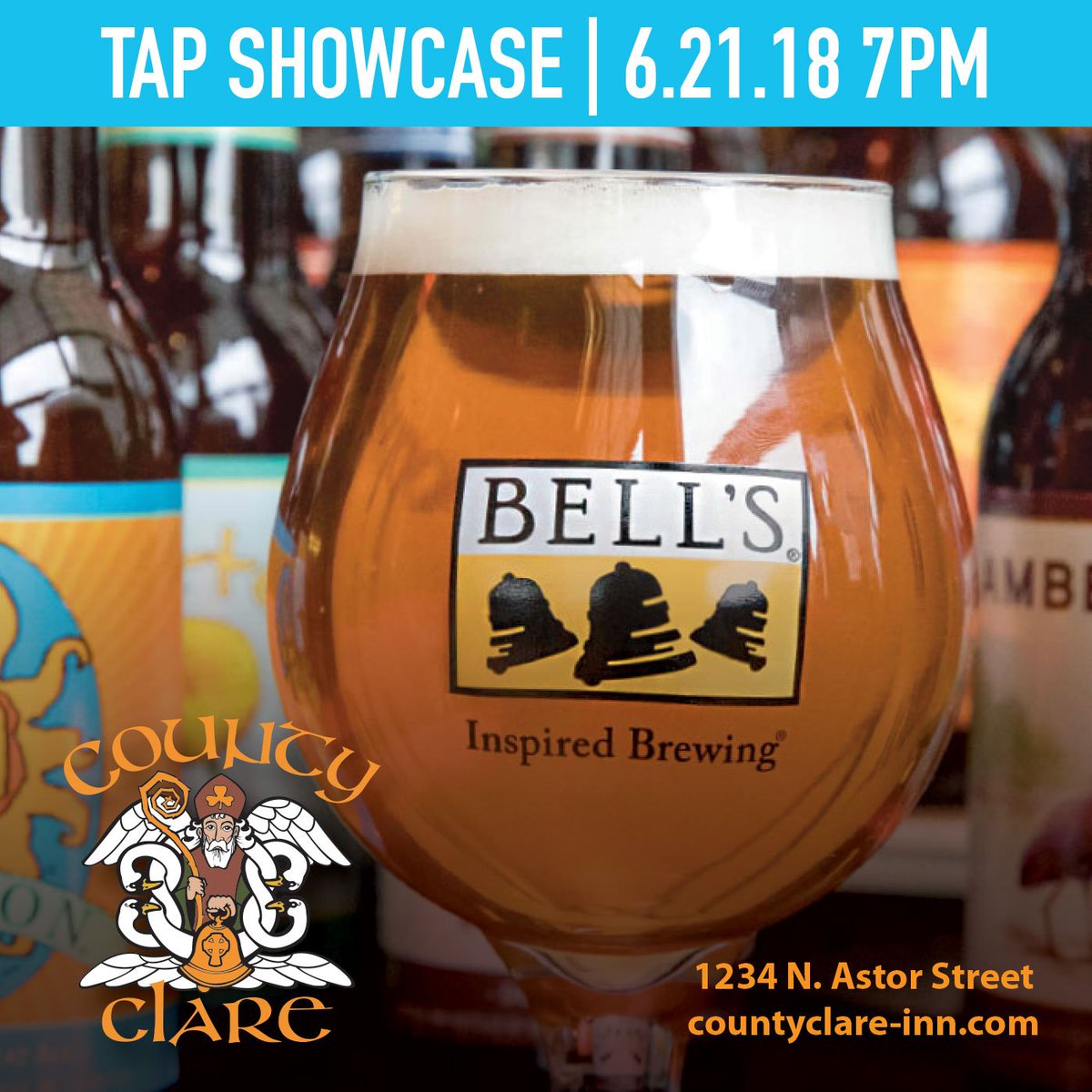 Join us for the <a href="/BellsBrewery/">Bell's Brewery</a> Tap Showcase on Thu 6/21. Featured: OBERON - American Wheat Ale; TWO HEARTED ALE - American IPA; HOPFENDUNKEL - Dry Hopped Dark Lager (RARE); and SPARKLEBERRY ALE - Belgian-Style Tripel Brewed with Raspberries. #countyclare #wisconsin #milwaukee
