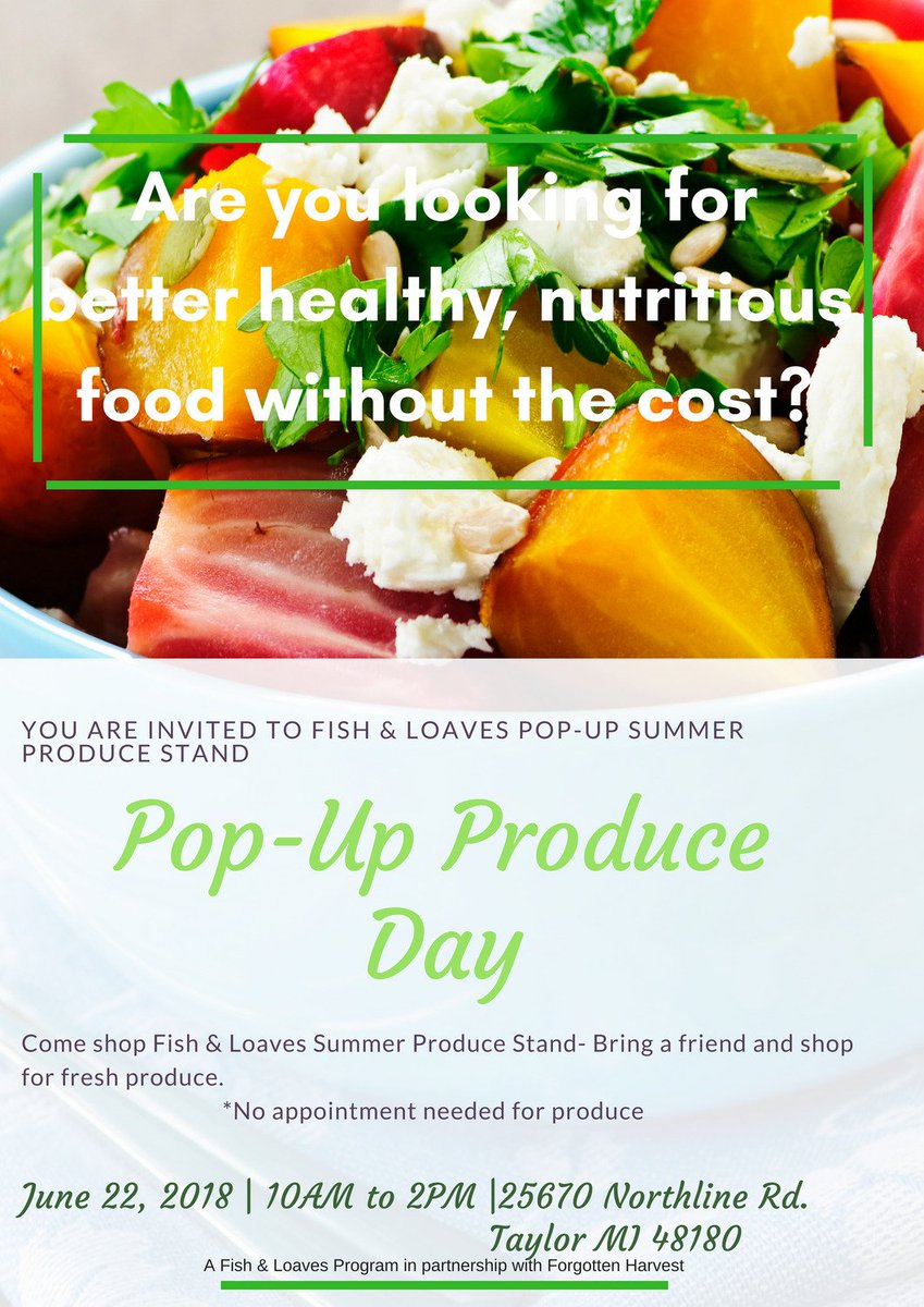 You are invited to Fish &amp; Loaves Pop- Up Produce Stand. No cost! 
Friday, June 22, 2018
10:00 am0 2:00 pm