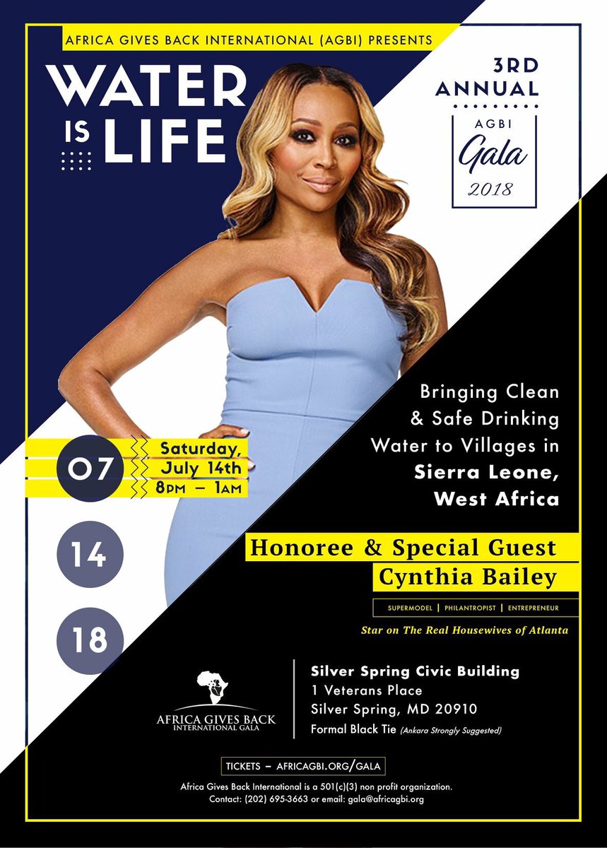 CynthiaBailey10's tweet photo. I’m excited to be this year’s honoree for the 3rd Annual “Water Is Life” @agbigala • Powered by @africagbi • Thanks to founder @troy.massa for the opportunity! • Proceeds will go to the building of clean water wells in Sierra Leone, to help end the global water crisis. ❤️ https://t.co/FlBwWlNvyj