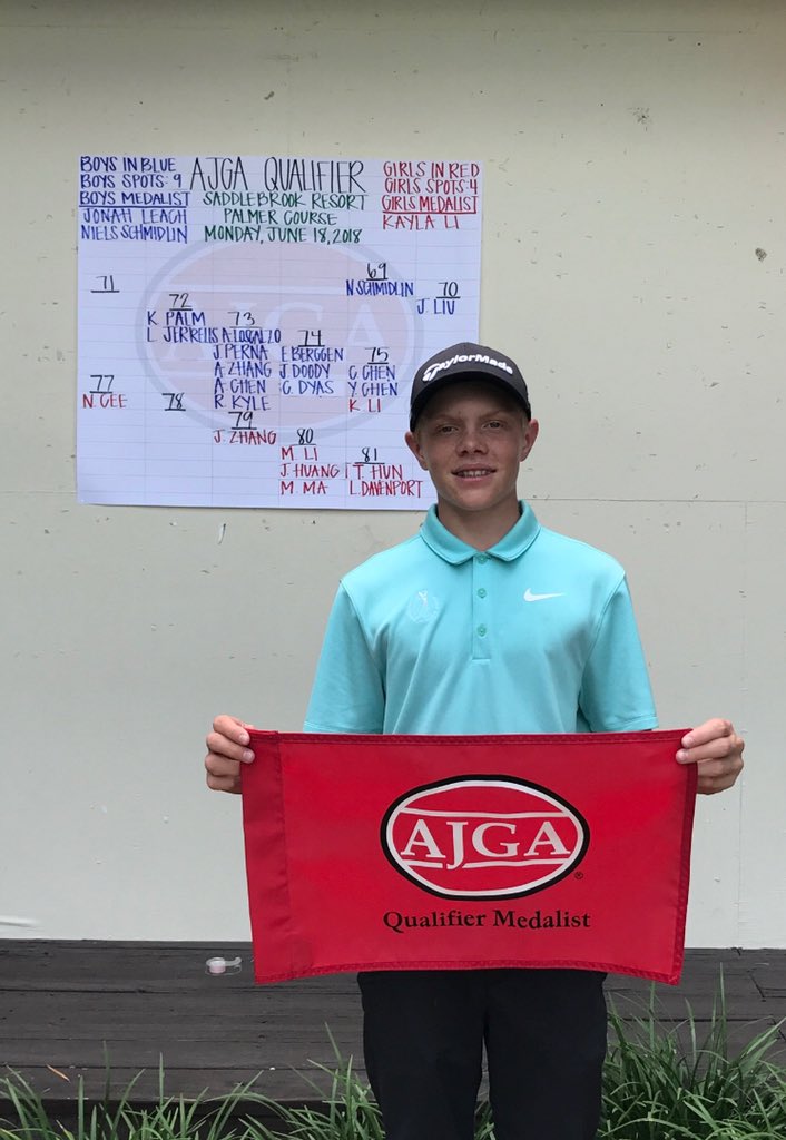 ChrisLeach11's tweet photo. Two weeks ago @Jonah_JLG was the @AJGAGolf #BluffsJr Champion. Today he is the #SaddlebrookJr Qualifier Medalist! Congrats Jonah! #SuccessfulPracticeRound https://t.co/zXaBHUGhsT