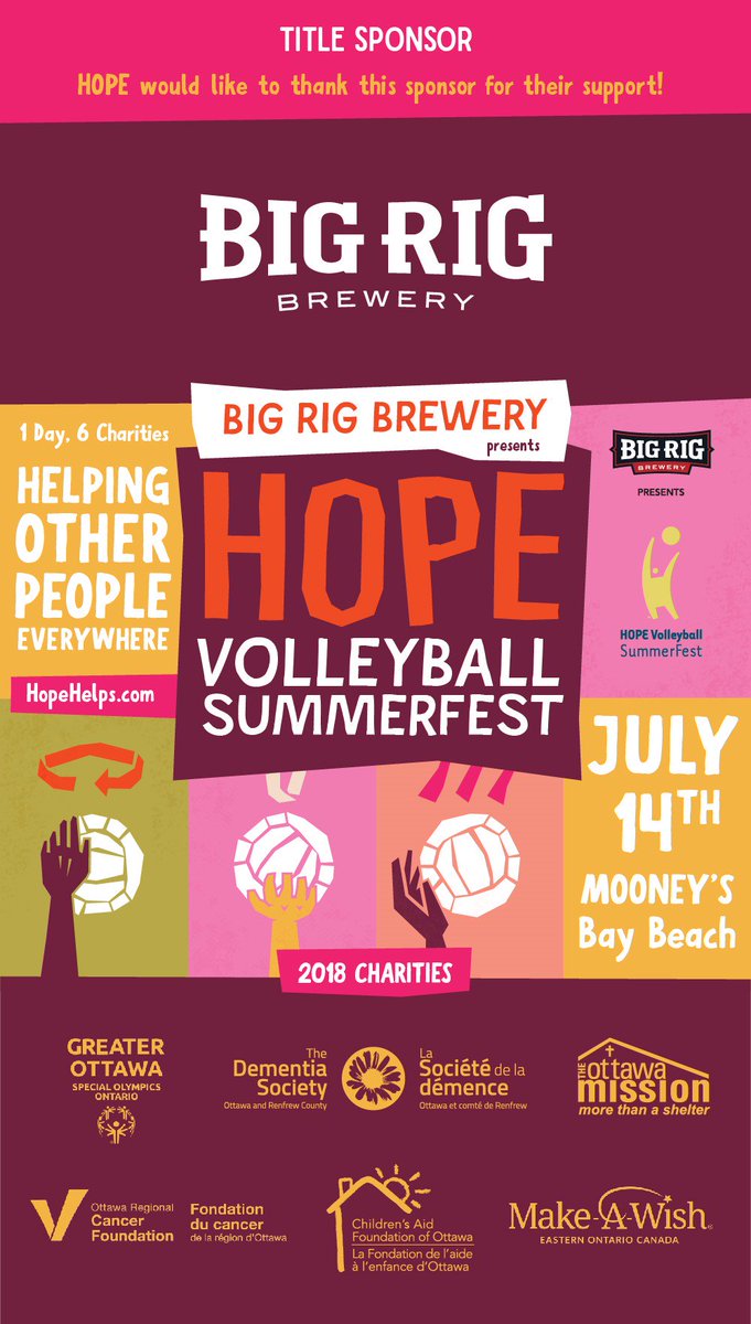 BIG THANKS to <a href="/BigRigBrewery/">BIG RIG BREWERY</a> for being our title sponsor for 2018! <a href="/BigRigBrewery/">BIG RIG BREWERY</a> Presents HOPE Volleyball SummerFest is on July 14 - We HOPE to see you at Mooney's Bay! #HOPEottawa