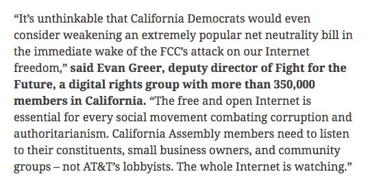 STATEMENT: California Assembly members need to know: the whole Internet is watching as #NetNeutrality bills face key hearing this Wednesday: tumblr.fightforthefuture.org/post/175016052…