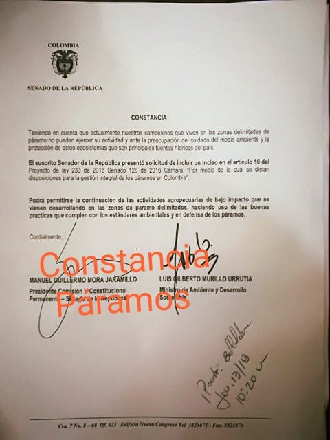 senadormora's tweet photo. Constancia presentada por el coordinador ponente Proyecto de Ley de Páramos, con visto bueno del Señor Ministro de Ambiente, en favor de los campesinos del país y propendiendo por el cuidado del medio ambiente. https://t.co/UaNXXxLB7K