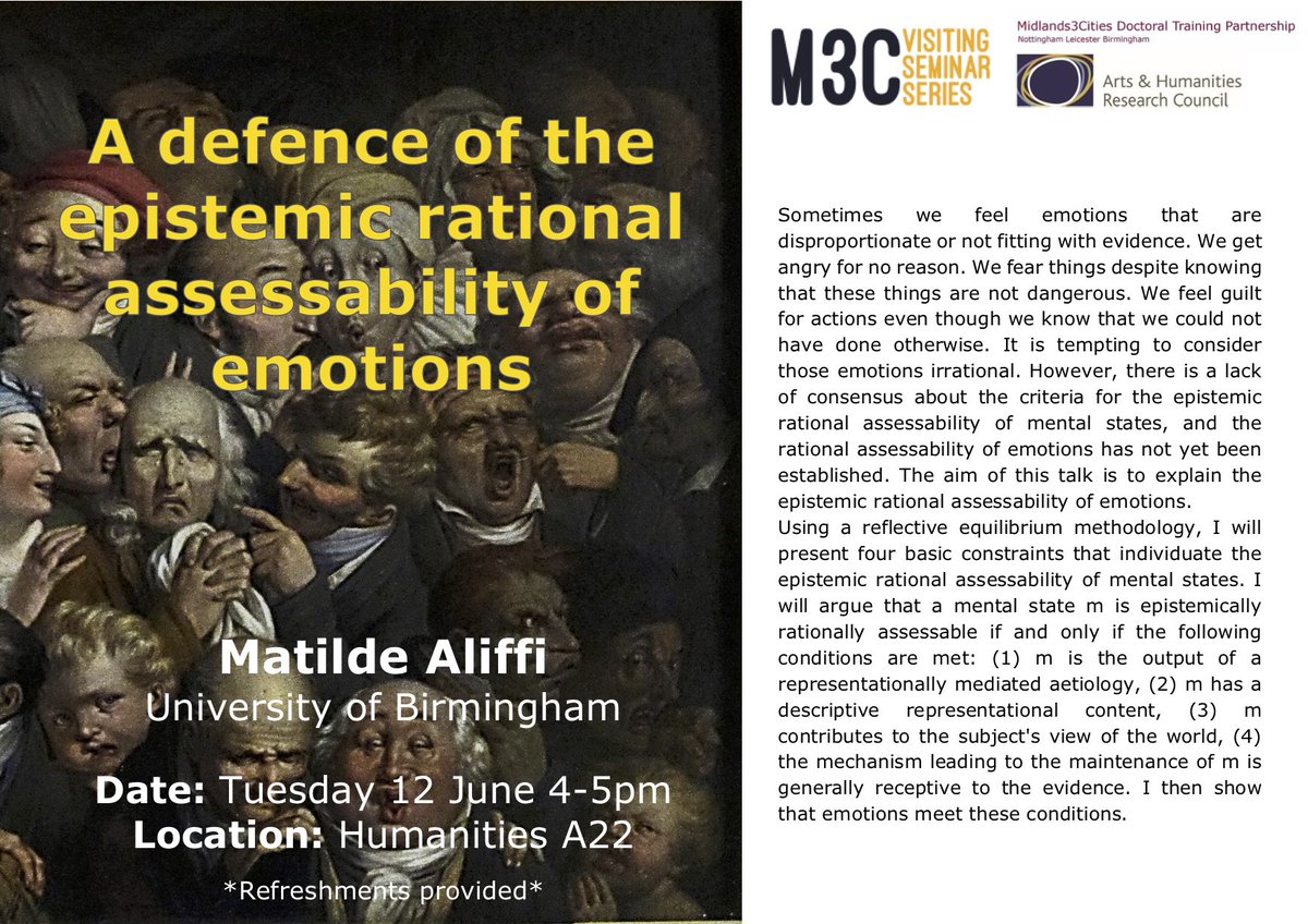 MatildeAliffi's tweet photo. Looking forward to presenting my research on #emotions and #epistemic #rational #assessability at the University of Nottingham tomorrow! #M3C #M3CVisitingSeminarSeries https://t.co/oYVqDIBWdd