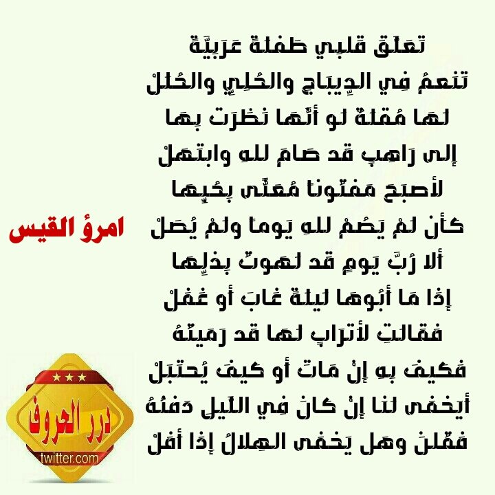 aqle64khal's tweet photo. فتلك التي هام الفؤاد بحبها
مهفهفة بيضاء دُرية القُبل
ولي ولها في الناس قولٌ وسمعةٌ
ولي ولها في كل ناحيٍة مثل
كأن على أسنانها بعد هجعةً
سفرجل أَو تفاح فِي القنذ والعسل
رداح صموت الحجل تمشى تبخترا
وصراخة الحجلين يصرخن في زجل
غموض عضوض الحجل لو أنها
مشت به عند باب السبسبيين لأنفصل https://t.co/R7ZvqLc8UI