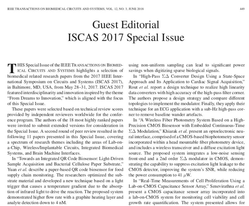 melkalofonou's tweet image. Very happy to see the IEEE TBioCAS Special Issue on @ISCAS2017 available online, featuring a range of interdisciplinary themes! A great privilege to have been this issue's Guest Editor together with Drew Hall from UCSD. 
ieeexplore.ieee.org/stamp/stamp.js…