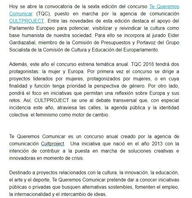 danielgalindo78's tweet photo. La agencia de comunicación #Cultproject pone en marcha la sexta edición del concurso #TeQueremosComunicar, destinado a proyectos relacionados con la cultura, la innovación, la educación, el arte y el deporte. Echa un vistazo a https://t.co/N3QfOOxrmT https://t.co/yQsvQzNO5g