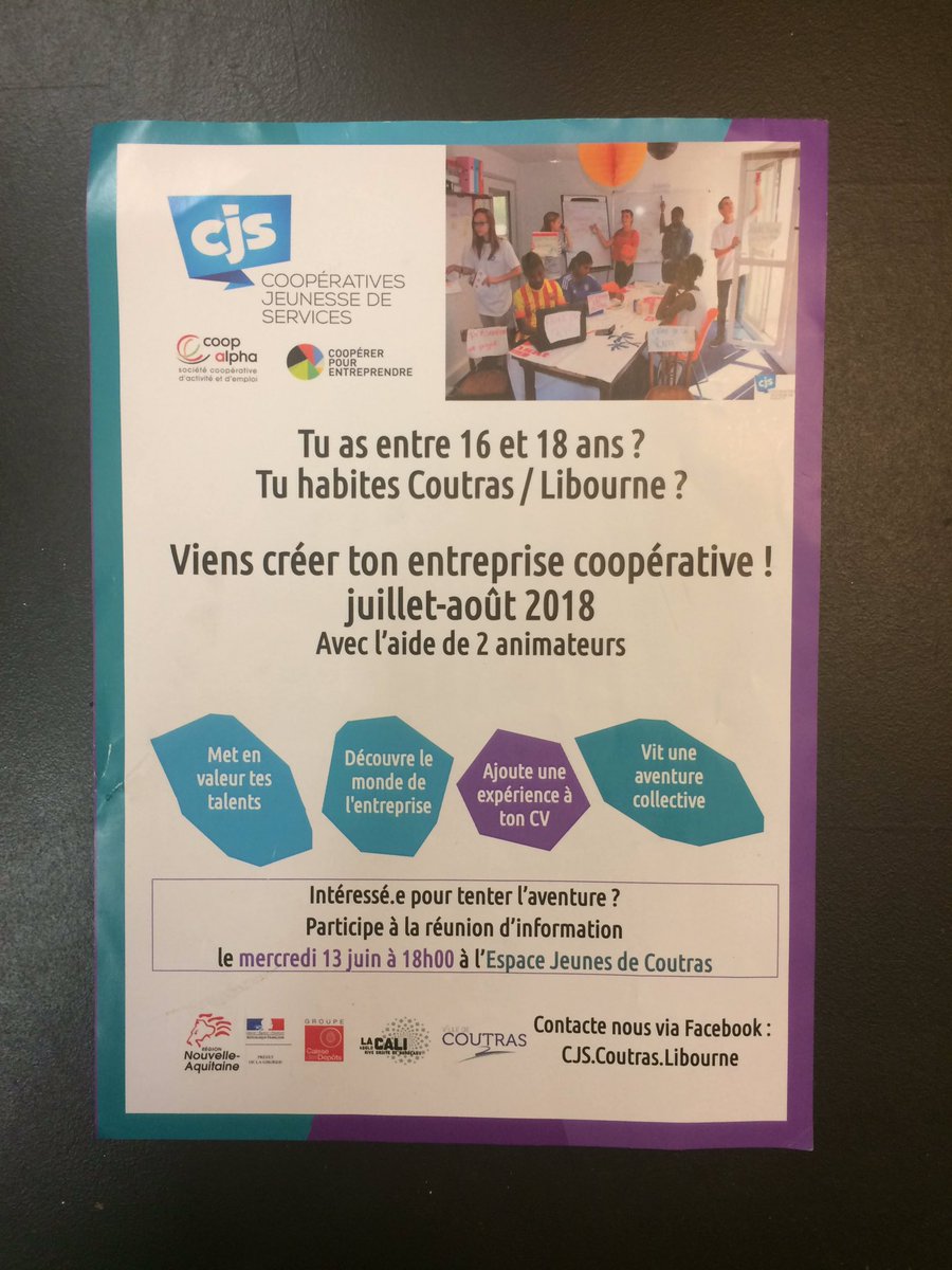 ValentineBonn's tweet photo. La CJS de @ville_libourne et @Ville_Coutras, projet d'éducation à l'#entrepreneuriat #collectif , recrute des jeunes coopérants de 16-18 ans ! + d'infos : https://t.co/tC4OCYXXKN / https://t.co/jTId7ZOZCz @coop_AB https://t.co/Ao2YzBpfcE