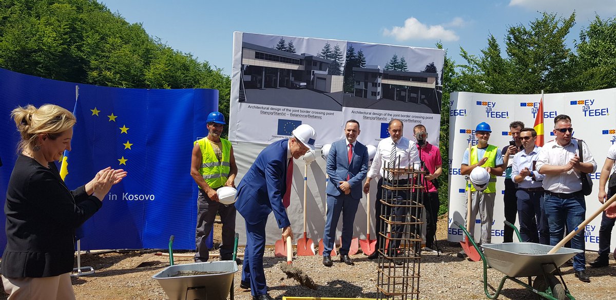 AmbassadorEU's tweet photo. Two neighbours, one border crossing. This is only second joint border crossing point in the Western Balkans. My colleague in Kosovo @ApostolovaEU and I are proud to be here today, at the opening of Belanovce–Stanqiq border crossing that will make life of local residents easier https://t.co/EErLgC9Nfn