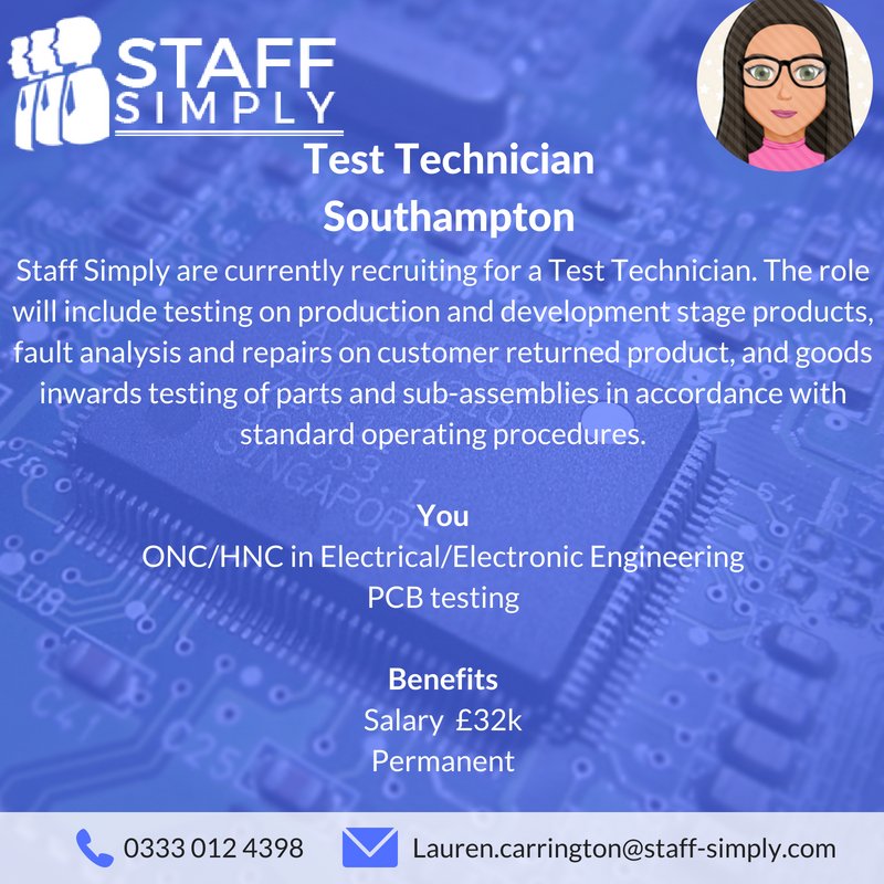 Staff_Simply's tweet photo. Staff Simply are currently recruiting for a Test Technician based in Southampton #StaffSimply

  https://t.co/HEWgH4n3JL https://t.co/kl3CKWqh2k