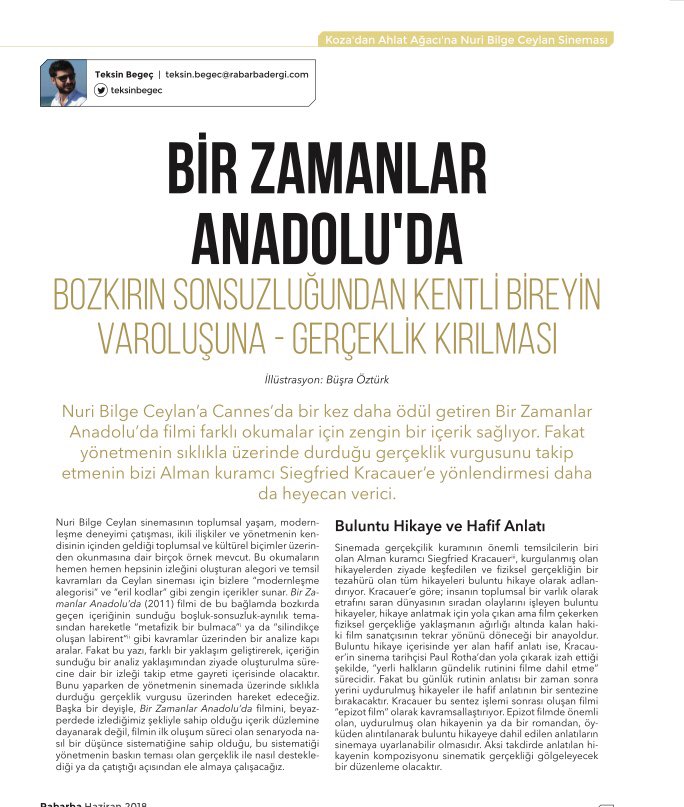 RabarbaDergi's tweet photo. @cinerituel Genel Yayın Yönetmeni, dergimizin editörü Teksin Begeç, Nuri Bilge’nin Bir Zamanlar Anadolu’da filmini yazdı.
#RabarbaHaziran2018 
#nuribilgeceylan https://t.co/aAnoR13RDI