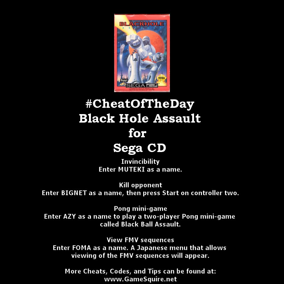 GameSquire's tweet image. #CheatOfTheDay #BlackHoleAssault #Invincibility &amp;amp; Kill Opponent &amp;amp; #Pong #MiniGame &amp;amp; View FMV sequences #SegaCD instagram.com/p/Bj453QNFqUt/ #Bignet #Micronet #MegaCD #Sega #Gaming #Gamers #Gamer #GamersUnite #RetroCollective #GameCollector #VideoGames #VideoGamer #VideoGameAddict