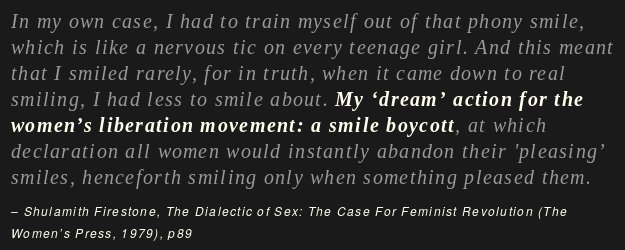 that feminist discourse has been roped into the managerial programme of compulsory neurotypicality in tech, recently, is a fucking shame. 

bring back the feminism that spent decades calling bullshit on this sort of thing. Firestonian videoconferencing boycott or GTFO