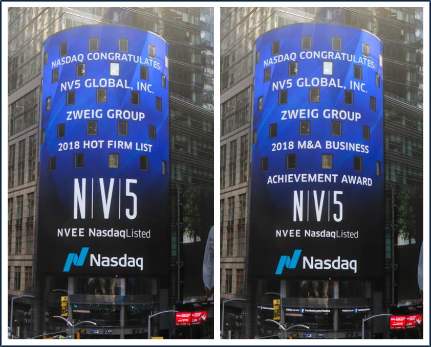 NasdaqExchange's tweet photo. 🎉 Congratulations @NV5_inc on your 2018 @ZweigGroup recognition awards.  @Nasdaq is honored to be your listing exchange! #RewriteTomorrow https://t.co/zZOv4KidTd