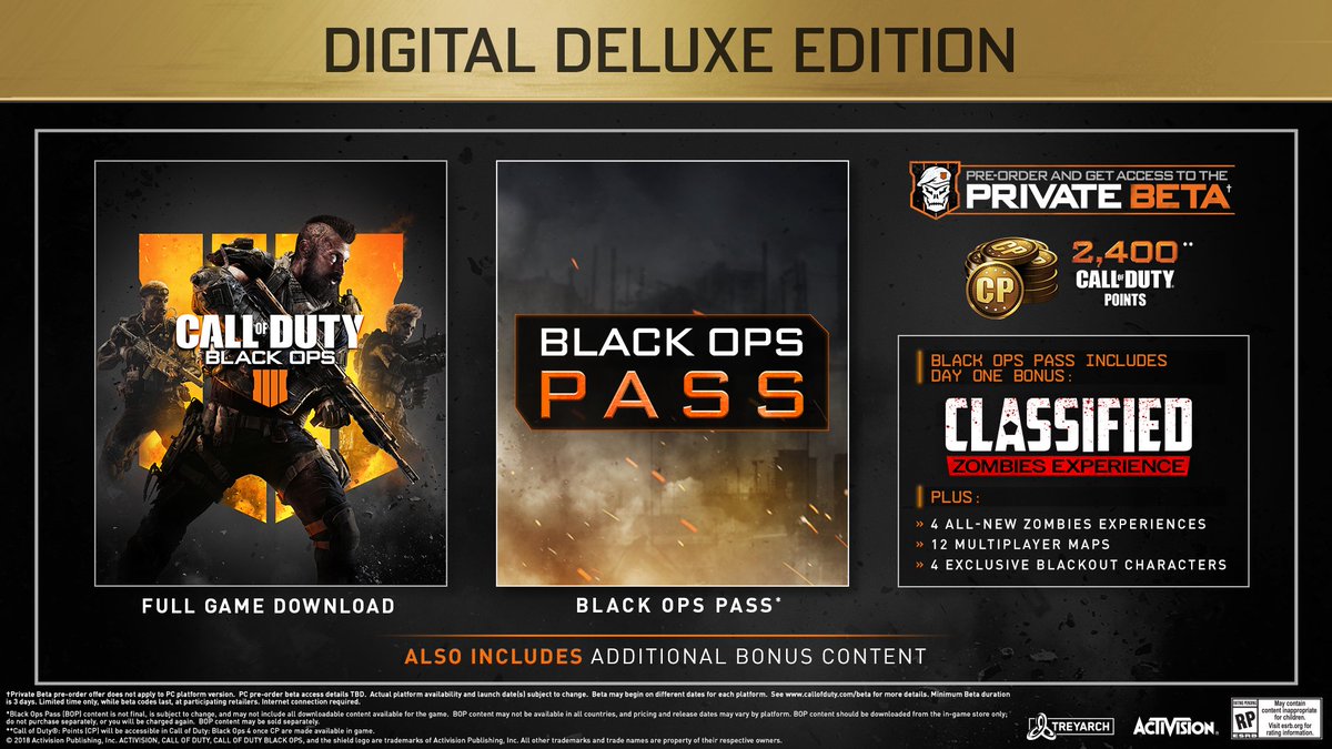 CallofDuty's tweet photo. Upgrade your Black Ops 4 experience.
 
The Call of Duty: #BlackOps4 Digital Deluxe Edition includes:
🔸 Call of Duty: Black Ops 4
🔸 Black Ops Pass
🔸 Digital Bonus Items
🔸 2,400 COD Points

Pre-order and get access to the Private Beta.
 
More Info: https://t.co/gnyHadPd0R https://t.co/R8SEwDfTtz