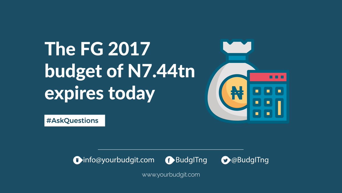 BudgITng's tweet photo. The #2017Budget expires TODAY.
The current budget has spent 215 days since its presentation.
When will @NGRPresident
sign #Budget2018?
#AskQuestions https://t.co/dqN2kVjypZ