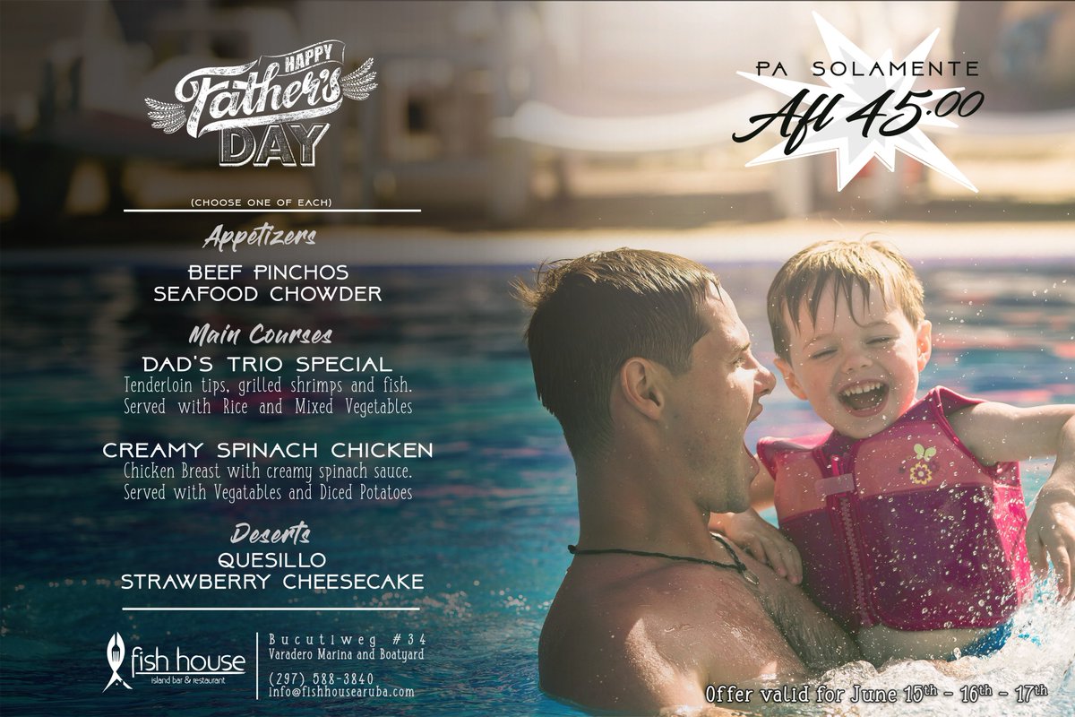 Rewarding all the hard working dad's out there with some tasty dishes. #FishHouseAruba offers some great deals all weekend long! 

We are located at the Varadero Marina, Bucutiweg #34.

#fathersday #aruba #onehappyisland #dinner #food #restaurant #seafood #combo #fresh #dad