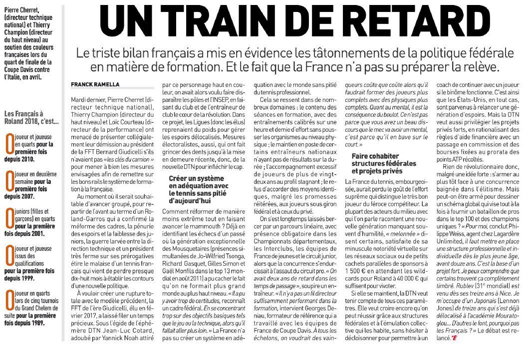 TCCastelnau's tweet photo. L'équipe du jour nous apprend que le DTN #tennis Pierre Cherret et 
@Thierrychamp directeur haut niveau ont "menacé d'une démission collective". @FFTennis est-ce vrai? En simple, le bilan côté français pour #RG18 n'est pas bon. Il faut éviter que ça tourne au fiasco 🇫🇷 https://t.co/p0k1hFuQBR