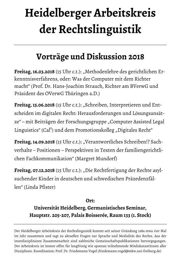 Heidelberger Arbeitskreis der Rechtslinguistik, 15.06., 15 Uhr:  "Schreiben, Interpretieren und Entscheiden im digitalen Recht: Herausforderungen und Lösungsansätze"