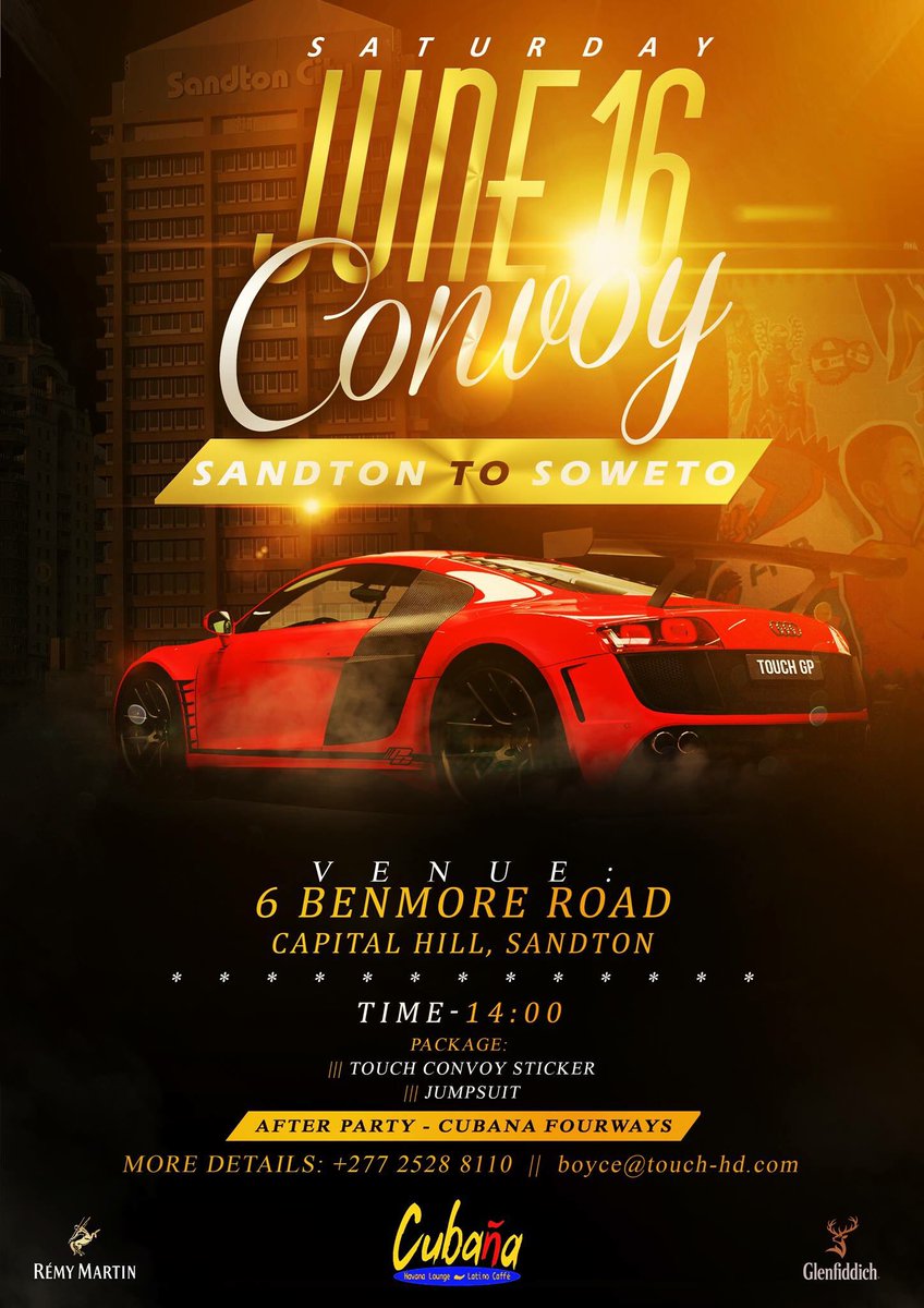 TheTouchdown326's tweet photo. Registrations are still open!
Join the prestigious #4pipesOnly #TouchConvoy this 16 June 2018. From Sandton to Soweto to @CubanaFourways for the official after party! #ComeSeeAndBeSeen https://t.co/uH1JL1ZIOM