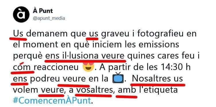 Ferran's tweet photo. ¿De veres algú es creu que l'idioma en el que parla i escriu @apunt_media @apuntnoticies és valencià? 

RT si penses que NO. 
FAV si penses que SÍ. https://t.co/I1TkMyrhr7