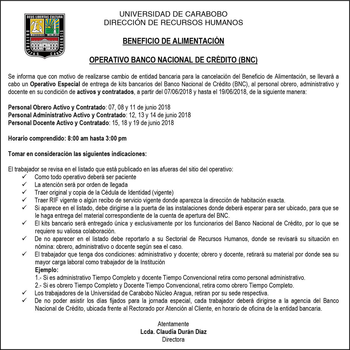 TicOdoUc's tweet photo. FOUC  informa a todo el personal  que labora en nuestra  facultad las jornadas con el BNC del ticket de alimentación https://t.co/ilNj0UFhl1