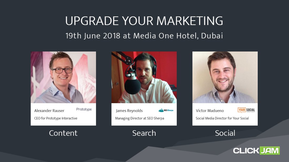 SEOsherpa_Dubai's tweet photo. With temperatures in Dubai rising, we're excited to bring you the hottest SEO event this June. #ClickJam is back, just in time for summer.
Are you ready to upgrade your #InboundMarketing strategies? Are you in Dubai on Tuesday 19th June? More info here: https://t.co/q92x7XsQEw https://t.co/lvOJgQkrY1