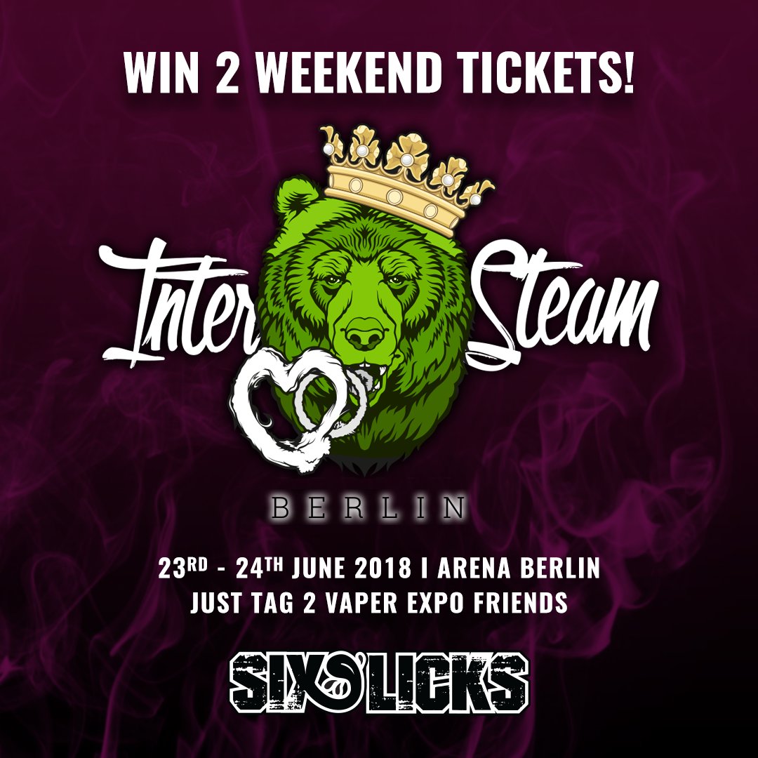 SixLicksUK's tweet photo. Win 2 weekend tickets to InterSteam Berlin! Just tag 2 vaper expo friends. We have 5 pairs to give-away! #SixLicks #IntersteamBerlin https://t.co/JRMDIoHHED