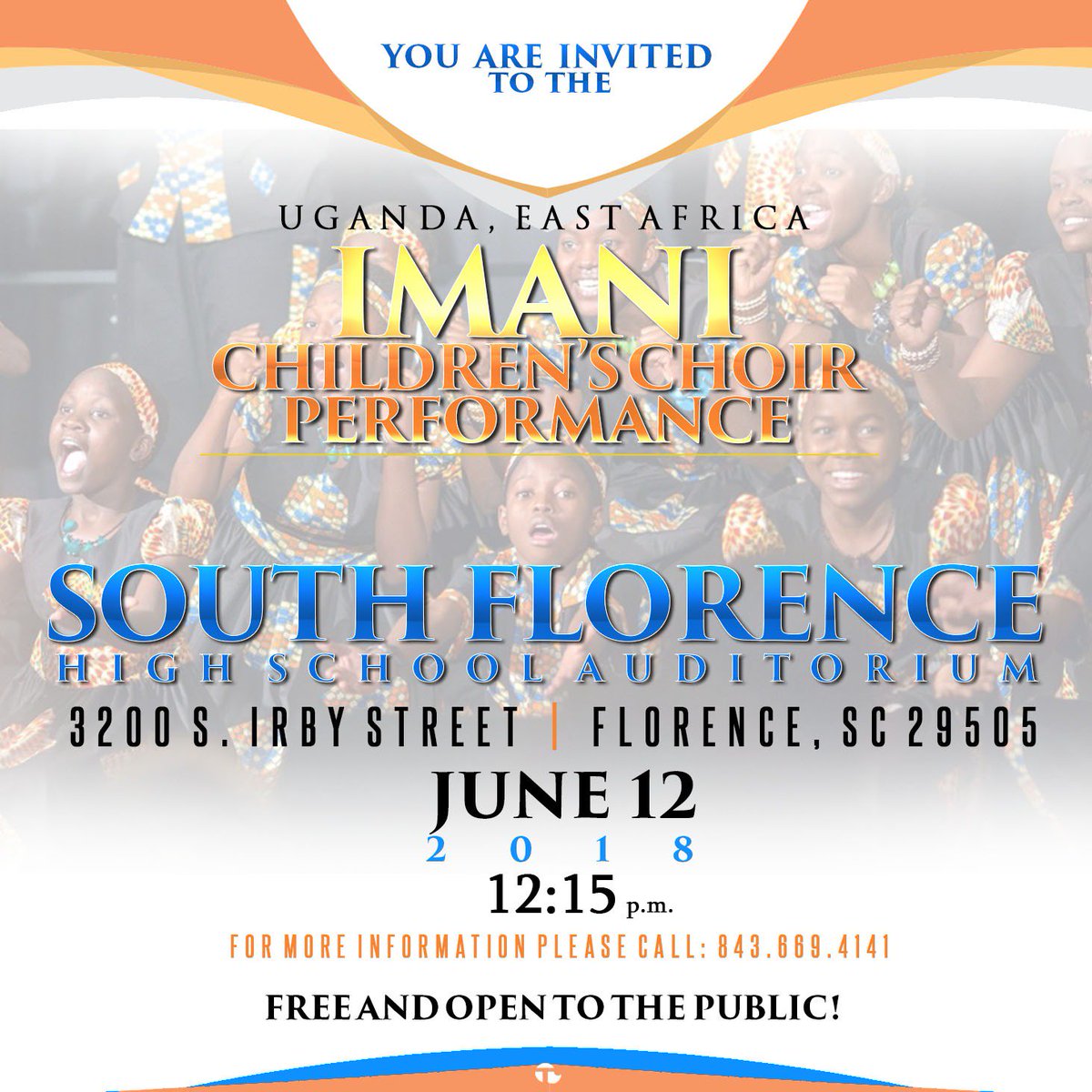 FPSD1's tweet photo. You're invited to attend the Imani Children's Choir Performance at South Florence High School on Tuesday, June 12 at 12:15 p.m. The performance is free and open to the public. https://t.co/yC2SROyo23