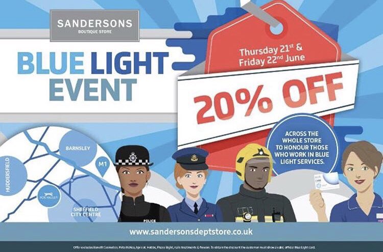 SandersonsStore's tweet photo. Don’t miss our big Blue Light Event on 21st and 22nd June when we’ll have 20% off some of your favourite brands in store for those working in the blue light services - our salute to the amazing NHS, police, fire and ambulance workers! #sheffieldissuper #bluelightevent https://t.co/tb0Ul9aNtm