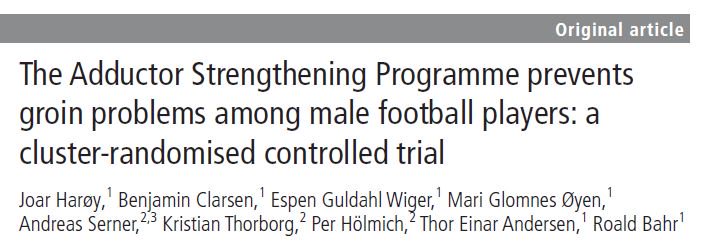 Joar Harøy (@jharoey) on Twitter photo Include the Adductor Strengthening Programme in warm-ups to reduce injuries in football.
41% reduction in risk of groin problems for players performing the programme.
Published in <a href="/BJSM_BMJ/">British Journal of Sports Medicine (BJSM)</a> today. Thanks to everyone involved in the study! bjsm.bmj.com/content/early/… Include the Adductor Strengthening Programme in warm-ups to reduce injuries in football.
41% reduction in risk of groin problems for players performing the programme.
Published in <a href="/BJSM_BMJ/">British Journal of Sports Medicine (BJSM)</a> today. Thanks to everyone involved in the study! bjsm.bmj.com/content/early/…