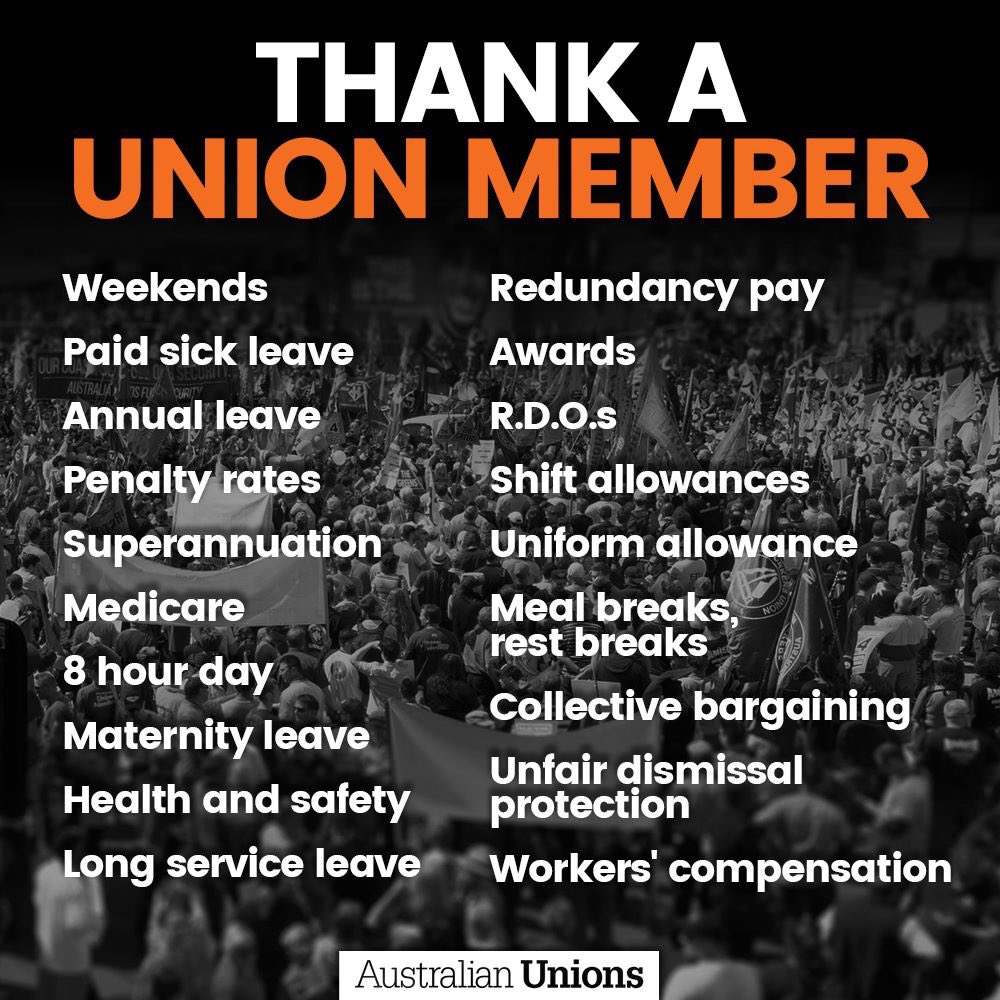 unionsaustralia's tweet photo. Reminder of what you can thank unions for #qanda https://t.co/LXg2q3ow6u