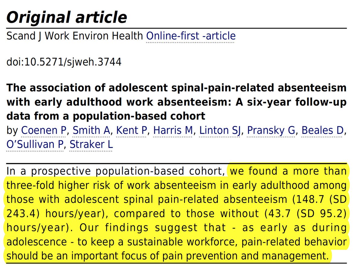 PeteOSullivanPT's tweet photo. Time off work as an adult is predicted by time off school as an adolescent due to spinal pain - we need to toughen up our kids - don't respond to pain by resting at home!!  https://t.co/iq87TuHen1 @coenen_pieter https://t.co/w9Fe9eqROb