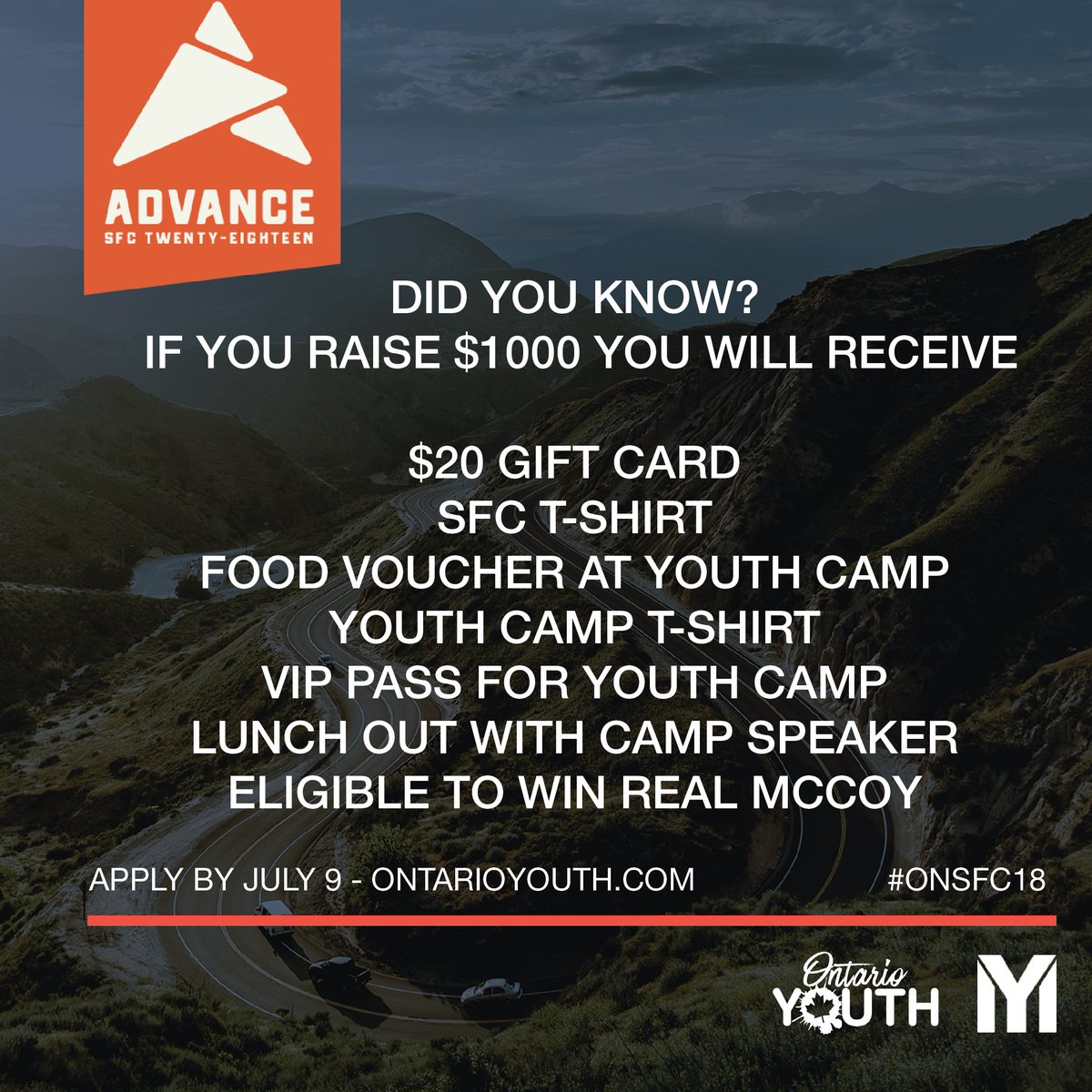 ontarioyouth's tweet photo. Did you know if you raise $1000 you will receive more cool stuff? You've always wanted to have a classy lunch out with the Youth Camp Team and speaker (not to mention your eligibility to win Real McCoy). Apply at https://t.co/514AJ0vYDc by July 9th #ONSFC18 #SFC18 #letsgo https://t.co/pprCaxZUGC