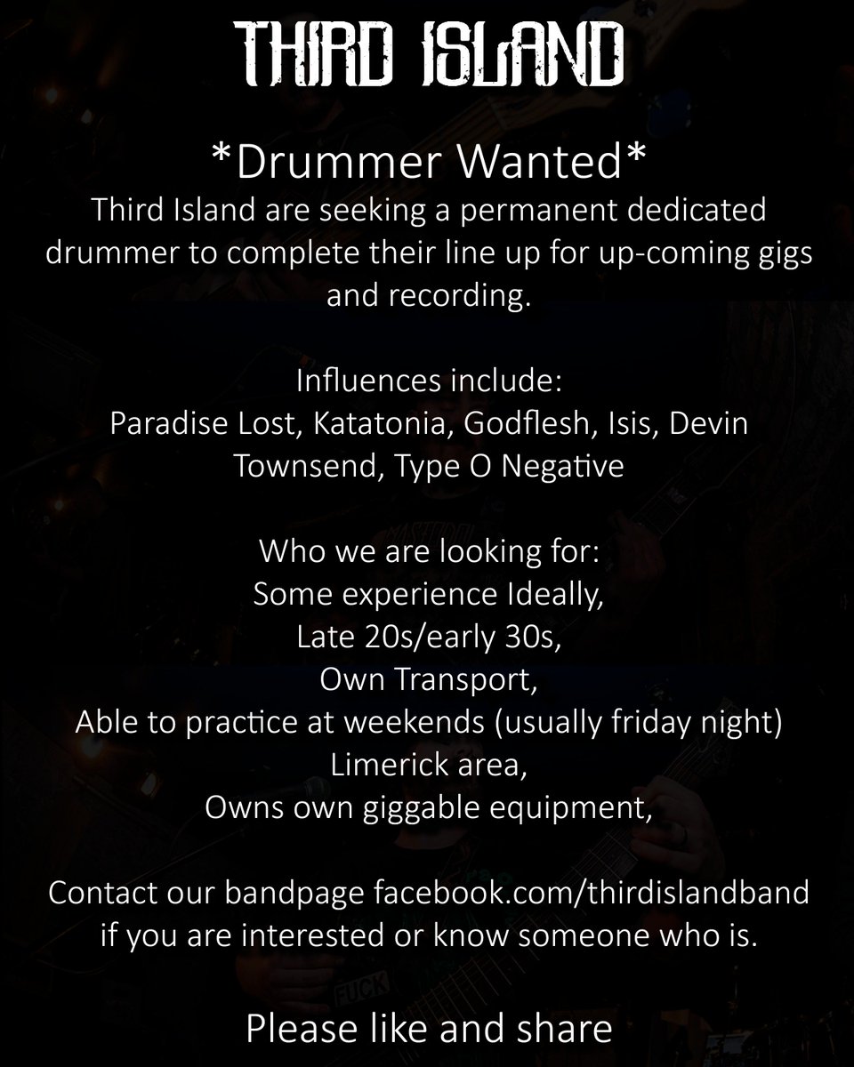 3rdisland's tweet photo. Drummer wanted #irish #musicians #drummer #drummerwanted #ireland #liemrick #metal #doom #postmetal #musicianwanted
please like and retweet https://t.co/El0IWtwHwr