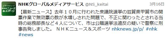 【最新ニュース】去年（２０１７年）１０月に行われた衆議院選挙の滋賀県甲賀市の開票作業で無効票の数が水増しされた問題で、不正に関わったとされる当時の総務部長など４人について、市は公職選挙法違反の疑いで警察に刑事告発しました。