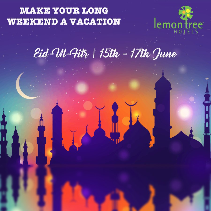 LemonTreeHotels's tweet image. This Eid-Ul-Fitr long weekend, get flat 30% off on rooms with free buffet breakfast, WiFi 24x7 &amp;amp; 1000 bonus points.
Stay between 15th - 17th June 2018.
To book now, click on the link below
goo.gl/Ug4uG7
#LemonTreeHotels #RefreshinglyDifferent #LongWeekendOffer