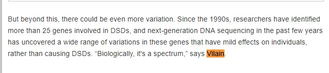 14/ The writer give 2 quotes from Eric Vilain (the senior author of the paper):“It has been, in a sense, a philosophical change in our way of looking at sex; that it& #39;s a balance,” says Eric Vilain, a clinician and the director of the Center for Gender-Based Biology at the