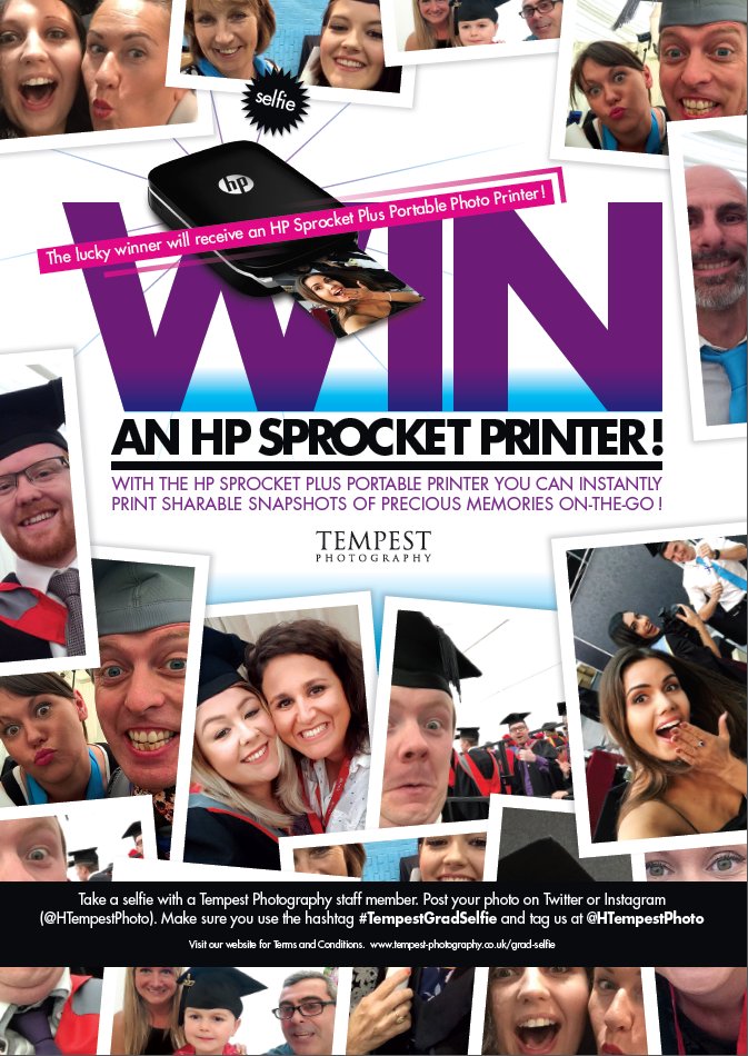 HTempestPhoto's tweet photo. It's #Competition time!
#WIN an HP Sprocket Printer!
To enter:
Take a selfie at your graduation with a Tempest staff member, post the photo on Twitter or Instagram, tag us and use #TempestGradSelfie
(must follow us). 
Winner revealed on August 6th 2018! 
#LookingGoodWithTempest https://t.co/7gPrzcwPMr