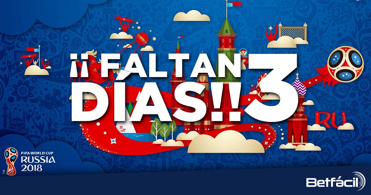 betfacil's tweet photo. ⚽ ¡Empieza la cuenta atrás! ⚽
🔥 Faltan 3⃣ días para el #Mundial de #Rusia2018 🔥
💥 ¿Estás listo? 💥

👉 https://t.co/YiHfGL0J9S
#Betfacil #EsFacil https://t.co/kWRSM5MF5B