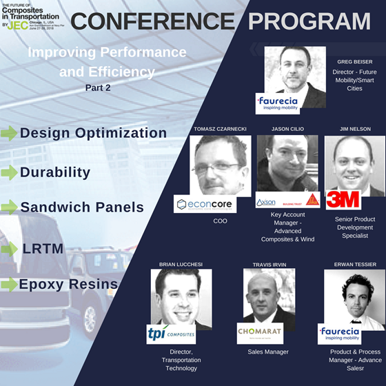 JECComposites's tweet photo. Check out the third session from #JECChicago’s #composites in transportation symposium! It focuses on Improving Performance and Efficiency and features presentations from: @faurecia
@econcore #SIKAAXSON @3m @tpicomposites #chomarat
https://t.co/hr9XzLCCWv https://t.co/IUnngPZFvF