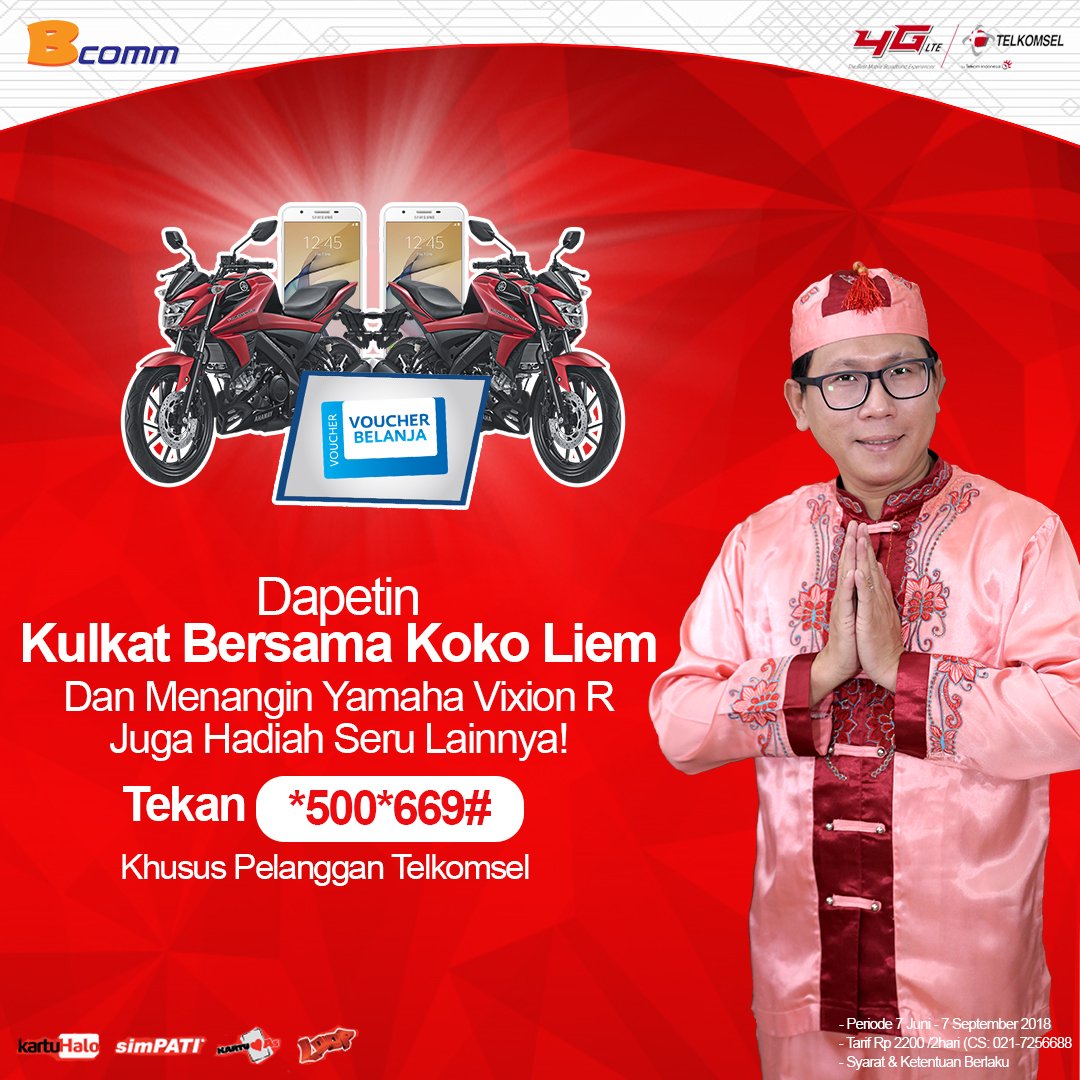 bcommofficial's tweet photo. Assalamualaikum pelanggan Telkomsel, Bcomm sekarang sedang mengadakan program Kulkat Bersama Koko Liem dan berhadiah Yamaha Vixon R loh!!! dan juga masih ada hadiah seru lainnya. https://t.co/afomiIJora